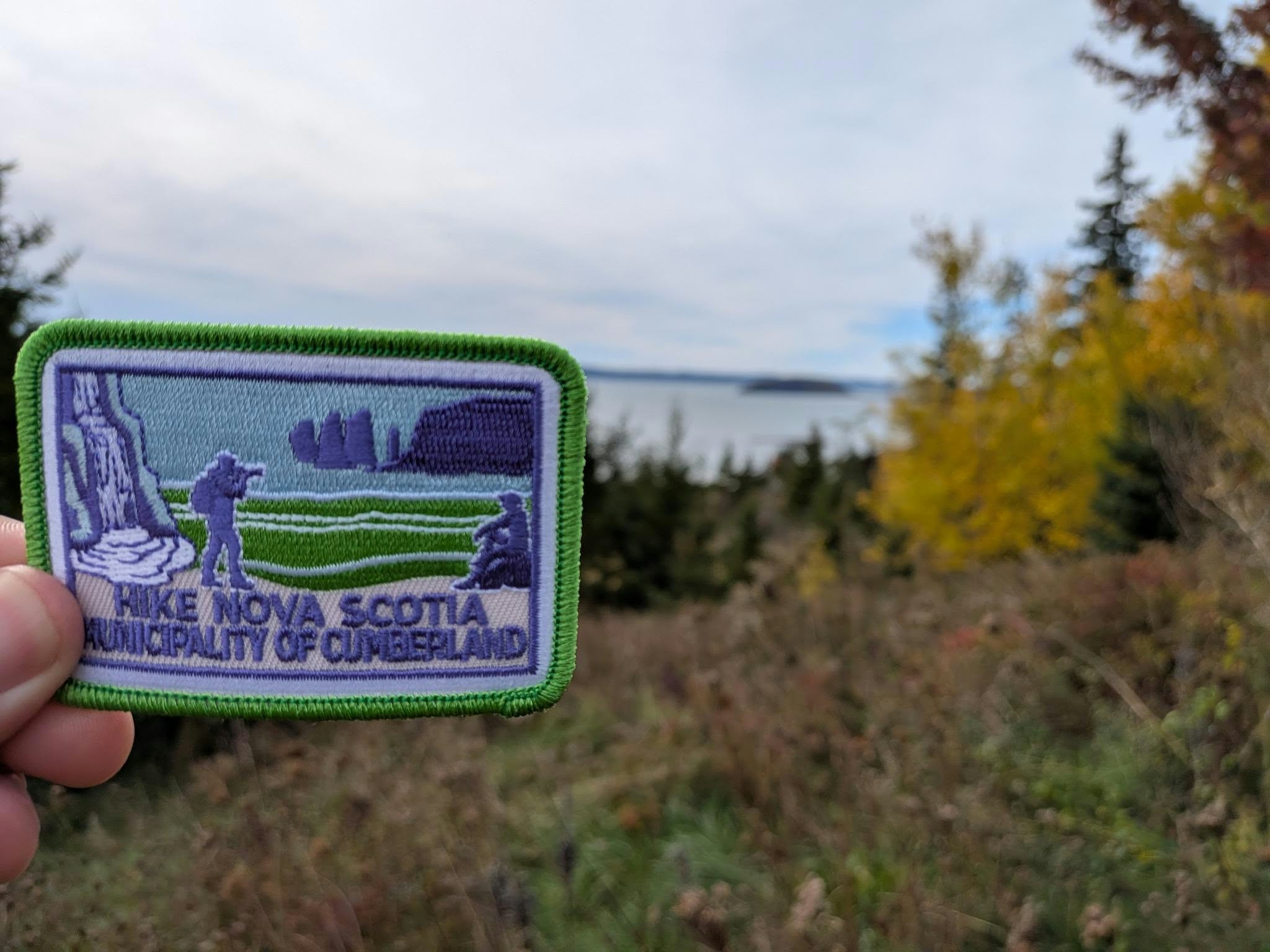 A badge featuring the Municipality of Cumberland is held up to the camera while Partridge Island is in the background.